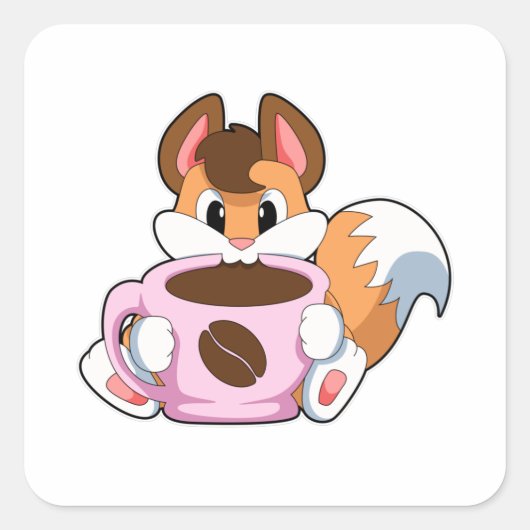 Fox met beker koffie vierkante sticker (Voorkant)