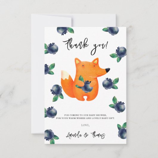 Fox met bosbessen - dank u baby shower bedankkaart (Voorkant)