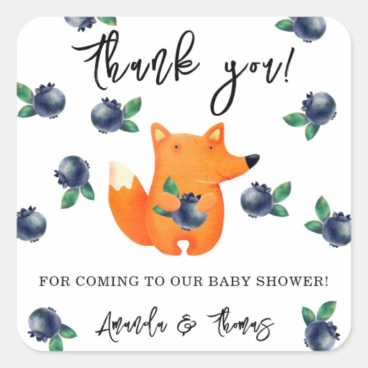Fox met bosbessen - dank u baby shower vierkante sticker (Voorkant)