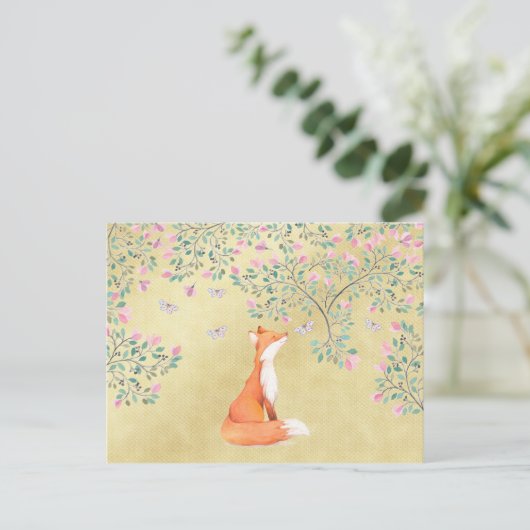 Fox met Butterflies en Roze bloemen Briefkaart (Staand voorkant)