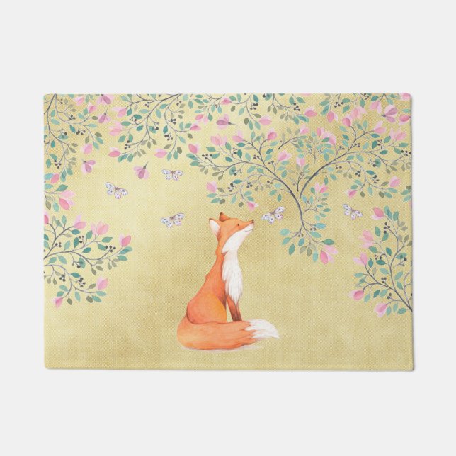 Fox met Butterflies en Roze bloemen Deurmat (Voorkant)