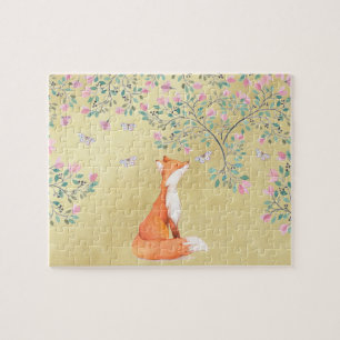 Fox met Butterflies en Roze bloemen Legpuzzel