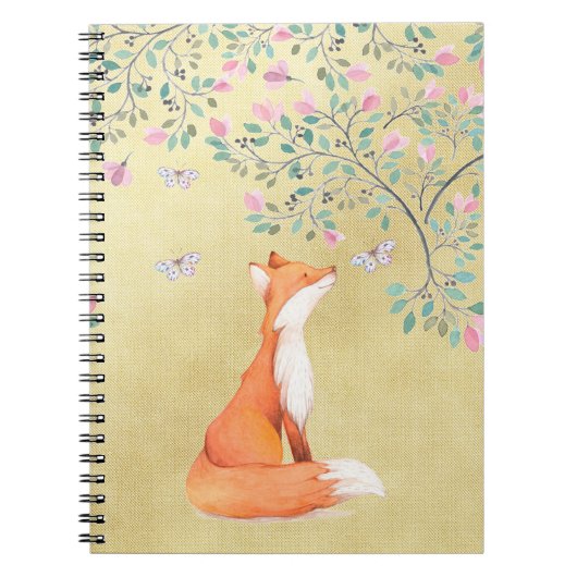 Fox met Butterflies en Roze bloemen Notitieboek (Voorkant)