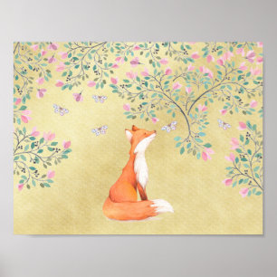 Fox met Butterflies en Roze bloemen Poster