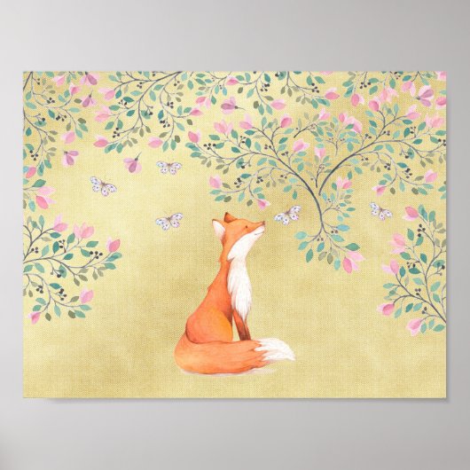Fox met Butterflies en Roze bloemen Poster (Voorkant)