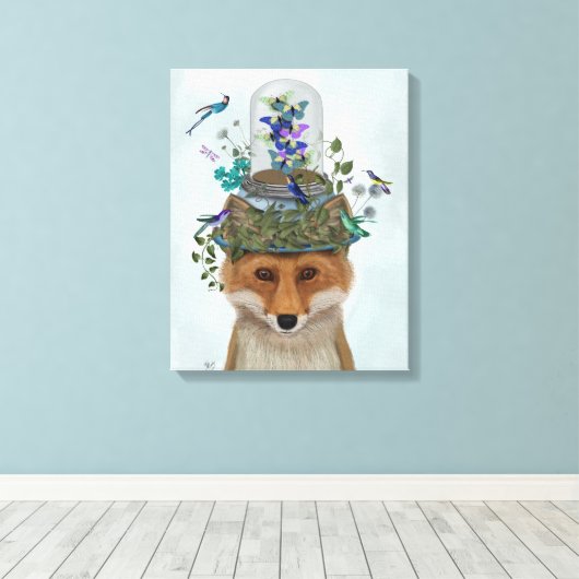 Fox met Butterfly Bell Jar Canvas Afdruk (Insitu (Houten vloer))