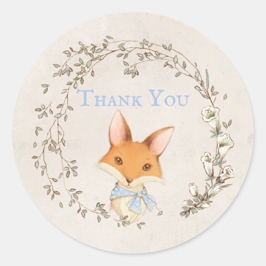 Fox met Floral Wreath Blue "Bedankt" Sticker (Voorkant)