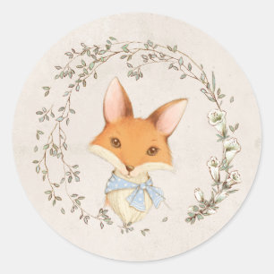 Fox met Floral Wreath Blue Envelope Seal Ronde Sticker