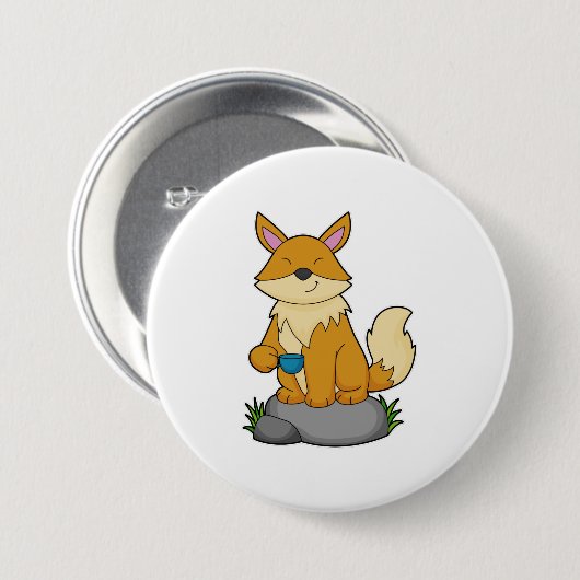 Fox met koffiebeker ronde button 7,6 cm (Voorkant /achterkant)