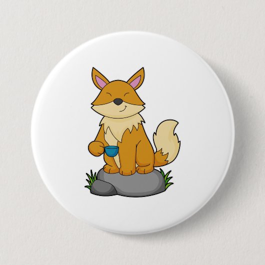 Fox met koffiebeker ronde button 7,6 cm (Voorkant)