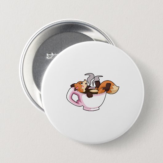 Fox met koffiebeker ronde button 7,6 cm (Voorkant /achterkant)