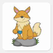 Fox met koffiebeker vierkante sticker (Voorkant)