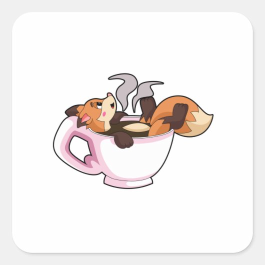 Fox met koffiebeker vierkante sticker (Voorkant)