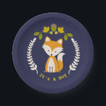 Fox Modern Boy Baby shower Papieren Bordje<br><div class="desc">Borden op papier van baby shower,  voorzien van een afbeelding van een vos omringd door een poot met illustraties van zure bladeren,  en bloemen.</div>