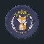 Fox Modern Boy Baby shower Papieren Bordje<br><div class="desc">Borden op papier van baby shower,  voorzien van een afbeelding van een vos omringd door een poot met illustraties van zure bladeren,  en bloemen.</div>