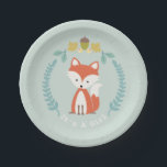 Fox Modern Girl Baby shower Papieren Bordje<br><div class="desc">Borden op papier van baby shower,  voorzien van een afbeelding van een vos omringd door een poot met illustraties van zure bladeren,  en bloemen.</div>