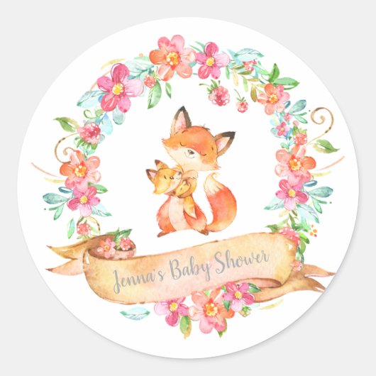 Fox Moeder Baby Bloemen Krans Lente Douche Woodlan Ronde Sticker (Voorkant)