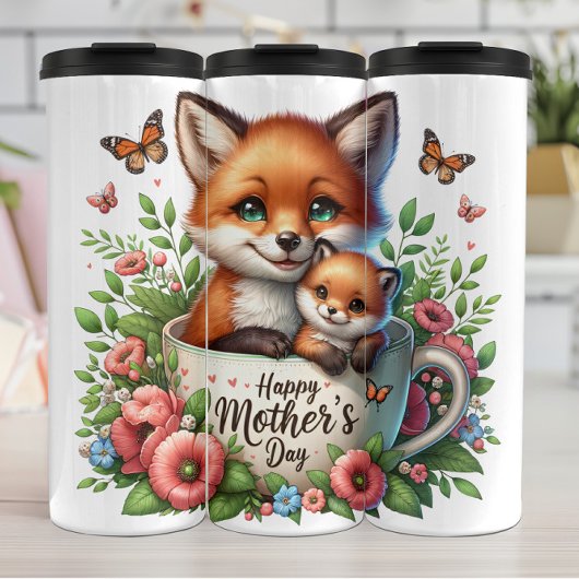 Fox Mom: Cub, Bloemen, Moederdag Thermosbeker