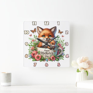 Fox Mom: Cub, Bloemen, Moederdag Vierkante Klok
