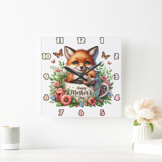 Fox Mom: Cub, Bloemen, Moederdag Vierkante Klok (Huis)
