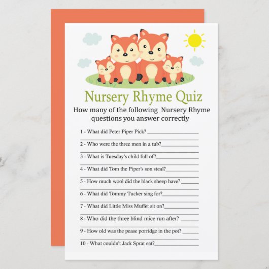 Fox Nursery Rhyme Quiz baby shower game (Voorkant / Achterkant)