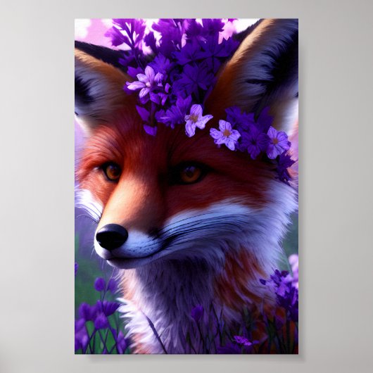 Fox omringd door paarse bloemen poster (Voorkant)