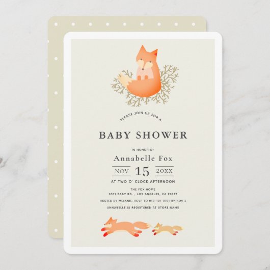 Fox op Branch Beige Baby shower Kaart (Voorkant / Achterkant)