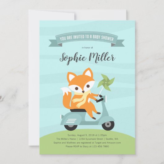 Fox op scooter Baby shower Invitation Kaart (Voorkant)