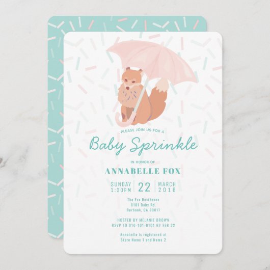 Fox Paraplu Mint Baby Sprinkle Douche Uitnodiging (Voorkant / Achterkant)