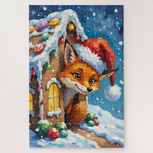 Fox Peeking from Gingerbread House Hat Legpuzzel (Verticaal)
