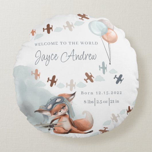 Fox Pilot Birth Stat Sierkussen Rond Kussen (Voorkant)