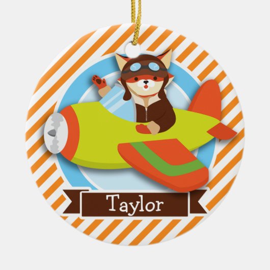 Fox Pilot in een groen en Oranje vliegtuig Keramisch Ornament (Voorkant)