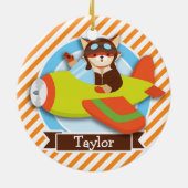 Fox Pilot in een groen en Oranje vliegtuig Keramisch Ornament (Achterkant)