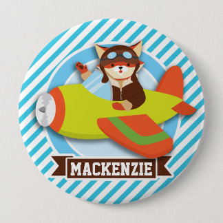Fox Pilot in Groen & Oranje Vliegtuig; Blauwe Stre Ronde Button 4,0 Cm