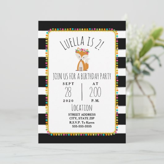 Fox Pompom Stripes Party Kaart (Staand voorkant)