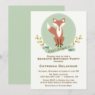 Fox Portrait Floral Kids Birthday Party Invitation Kaart