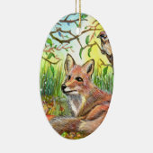 Fox Resting met Sparrow Keramisch Ornament (Rechts)