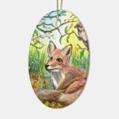 Fox Resting met Sparrow Keramisch Ornament (Links)