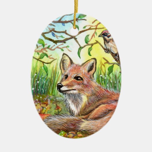 Fox Resting met Sparrow Keramisch Ornament (Voorkant)