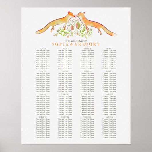 Fox Rustic Woodland Wedding Seating Chart Poster (Voorkant)