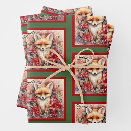 Fox Schattige Christmas Naam toevoegen Floral Inpakpapier Vel (In situ)