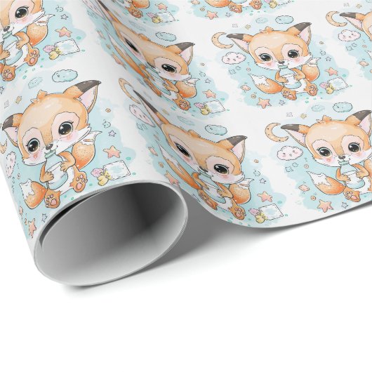 Fox Schattigee Baby pastel Waterverf Patroon Cadeaupapier (Rol Hoek)