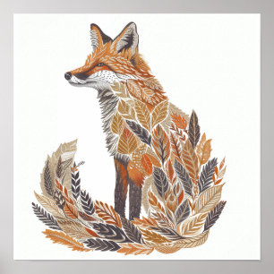 Fox Silhouet met Gedetailleerde Bladpatronen Poster