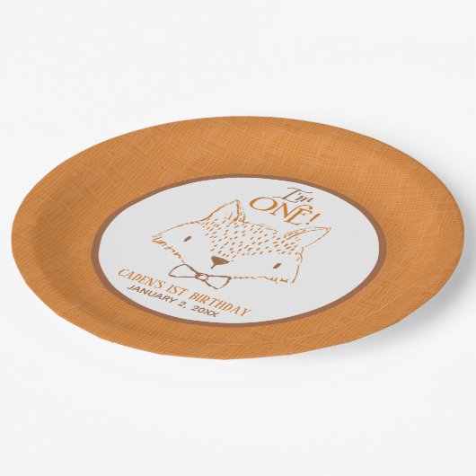 Fox Sinaasappel en Wit 1st Verjaardag Gepersonalis Papieren Bordje (Gekanteld)