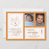 Fox Sinaasappel Wit 1e Verjaardag Fotouitnodiging Kaart (Voorkant)