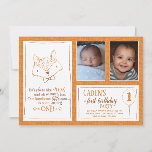 Fox Sinaasappel Wit 1e Verjaardag Fotouitnodiging Kaart (Voorkant)