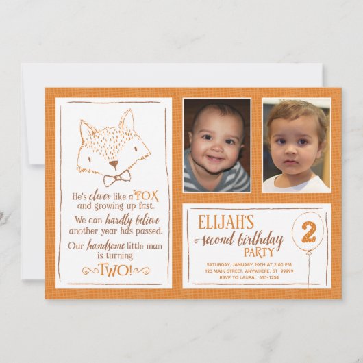 Fox Sinaasappel Wit 2e Verjaardag Fotouitnodiging Kaart (Voorkant)
