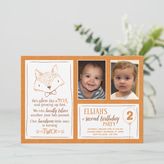 Fox Sinaasappel Wit 2e Verjaardag Fotouitnodiging Kaart (Staand voorkant)