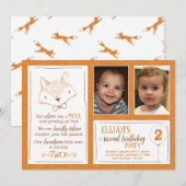 Fox Sinaasappel Wit 2e Verjaardag Fotouitnodiging Kaart (Voorkant / Achterkant)