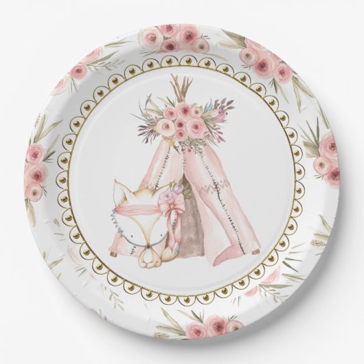 Fox TeePee Tribal Baby shower Papieren Borden Papieren Bordje (Voorkant)
